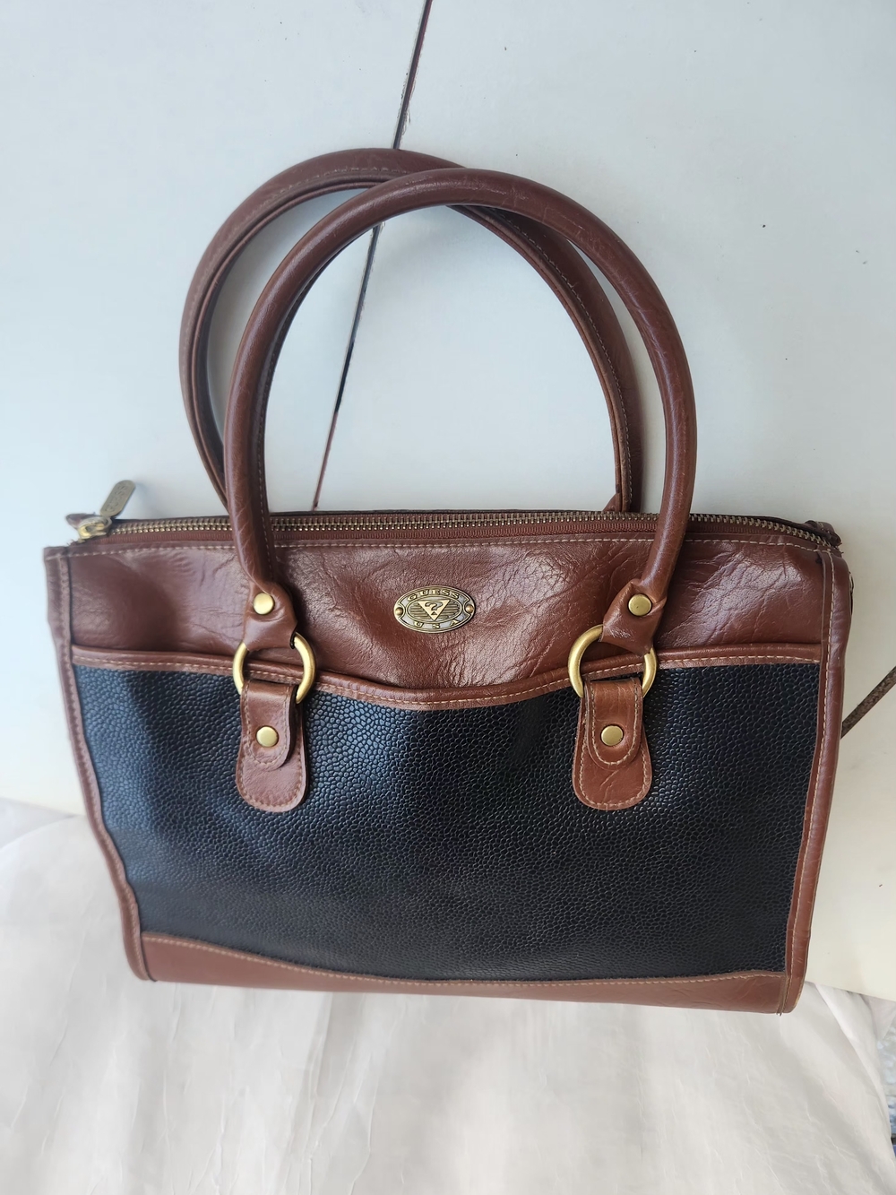 Guess Vintage Leather Tote Bag - Black & Brown